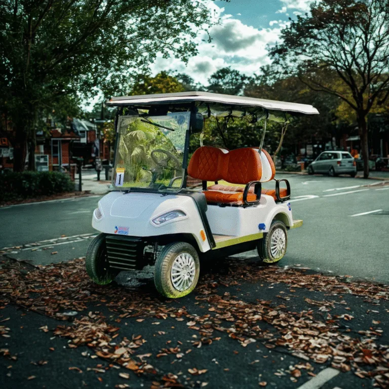 a 4 seater golf cart with 2 seat front and 2 seat rear with orange seats on the road