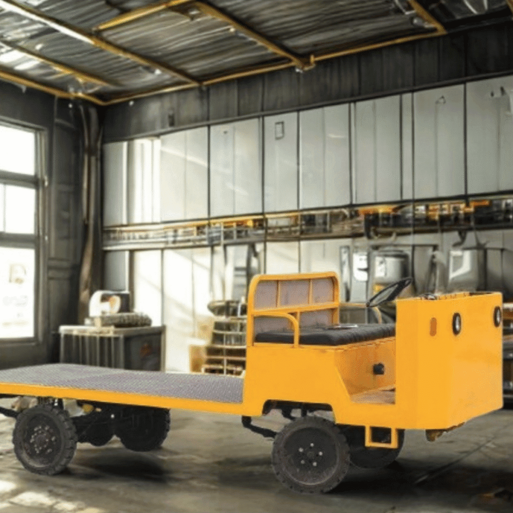 a yellow colour platform truck inside a factory seems like truck is in making with different angle