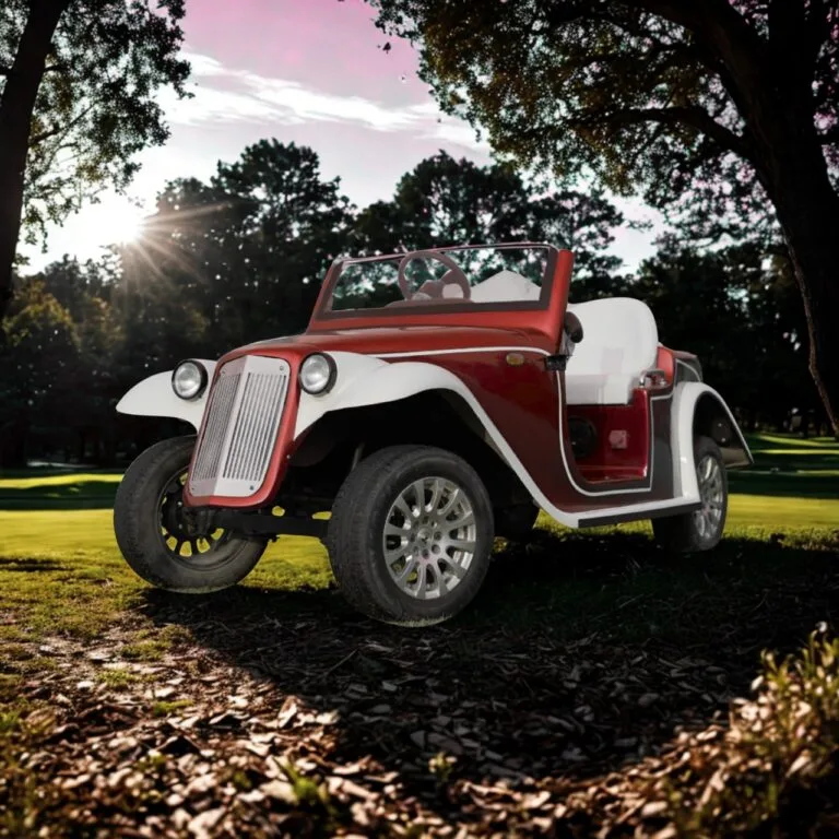 a red colour vintage cart in the forest