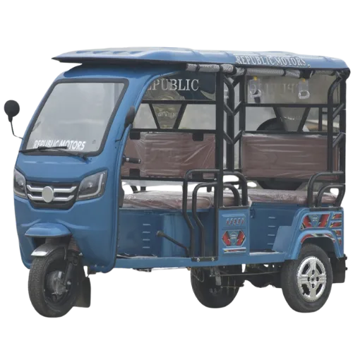 a 8 seater light blue e-rikshaw with transparent background
