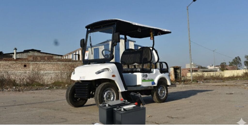 4 seater golf cart on the concrete ground with 2 forward and 2 rear seats. with lithium ion golf cart batteries